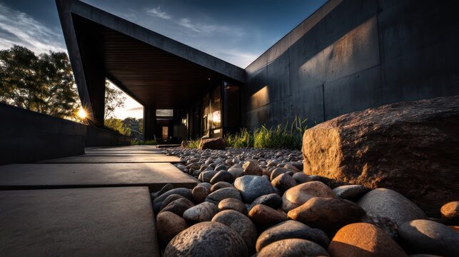 Low angle view of modern riverside home with angular concrete forms evening sidelight highlighting structure long soft shadows