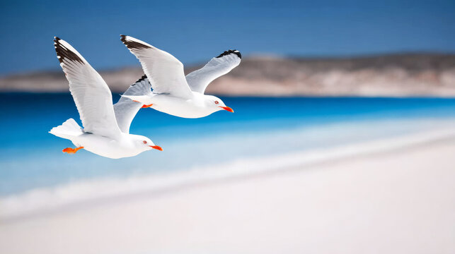 Two seagulls soaring gracefully through a vivid blue sky, gliding over a sparkling turquoise sea and a pristine sandy beach - Powered by Adobe