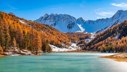Autumn larch forests and frozen Orceyrette Lake below snowy alpine peaks in the Briancon region,...
