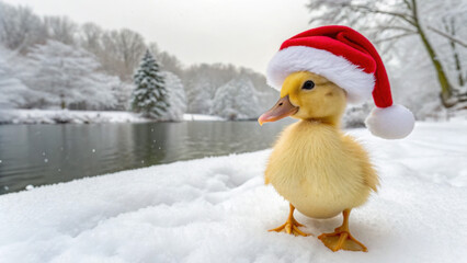 Christmas animal duckling wearing festive red hat stands on snowy riverbank with winter trees and joyful atmosphere
