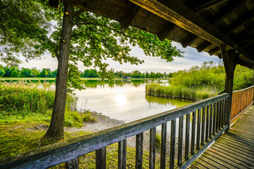 View of the Kranzberger See recreation area in the Amper Valley near Kranzberg. Idyllic nature by the lake.
