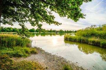 View of the Kranzberger See recreation area in the Amper Valley near Kranzberg. Idyllic nature by the lake.
