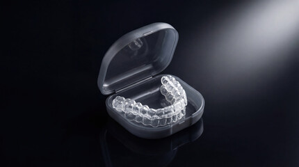 Dental aligner displayed in a clear case on a dark background with focused lighting highlighting its details