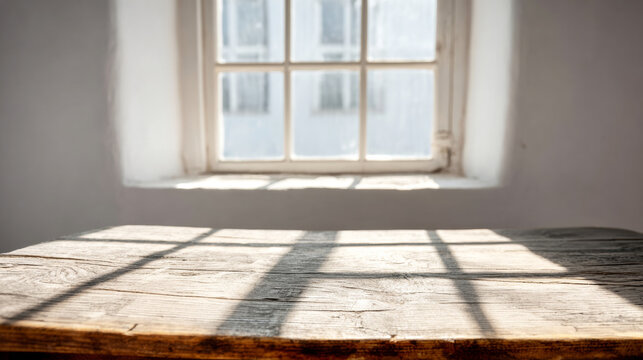 Rustic wooden table with natural light and window shadows, empty space for product flat lay or text overlay
