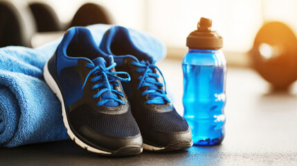 Running shoes, water bottle, and towel lying on a gym floor, symbolizing workout preparation and an active, healthy lifestyle
