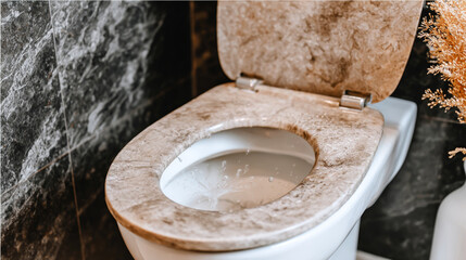 Toilet bowl with the seat up, water splashing and visible water stains on the stone like surface, depicting a plumbing issue