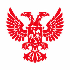 Powerful red two-headed eagle heraldic emblem, a striking illustration symbolizing strength, authority, and historical prestige, expertly displayed on a pristine white background