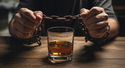 Man's hands chained to a glass of alcohol, problem of alcohol addiction and alcoholism