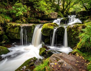Serene cascade of water flowing over mossy rocks and lush greenery