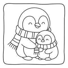 Adorable Penguin and Baby Winter Coloring Sheet | Cozy Animal Line Art