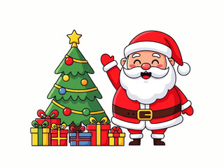 Cartoon Santa Claus cheerfully waves next to a decorated Christmas tree with gifts underneath on a white background.