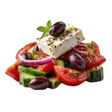 A salad with tomatoes, cucumbers, and olives