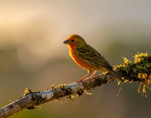A vibrant bird with orange and yellow plumage perches gracefully on a moss-covered branch, backlit by a soft, golden glow