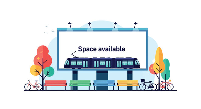 A vector illustration of a large billboard with "Space available" above an elevated train track, benches, trees, and bicycles.