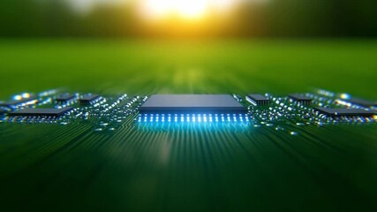 Technological Core: The image shows a close-up of a central processing unit (CPU) illuminated with a soft blue light on a digital circuit board with a blurred background. - Powered by Adobe