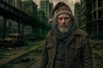 Post-Apocalyptic Santa Wanderer in Abandoned City