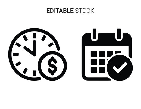 Beautiful silhouette vector of clock with dollar sign and calendar with check mark icon