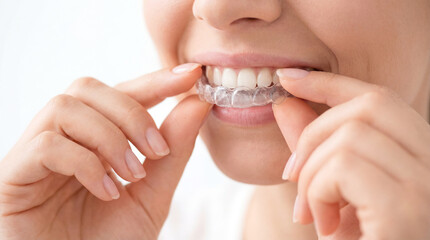 Woman placing clear dental aligner on her teeth for orthodontic treatment in a bright indoor setting