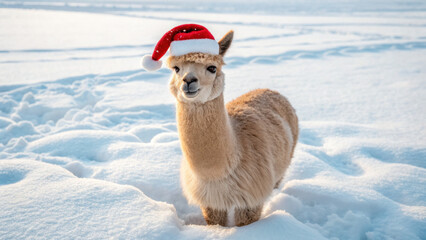 Naklejka premium Christmas animal alpaca wearing red Santa hat standing on snowy field with joyful expression during winter holiday season