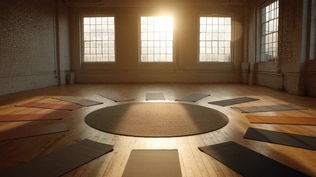 Serene Yoga Class Setup in Bright Studio with Sunlight Streaming Through Large Windows