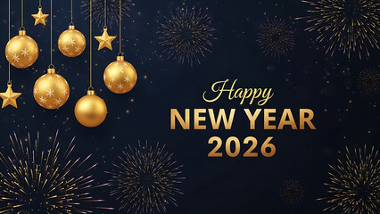 Golden new year 2026 celebration with fireworks and ornaments