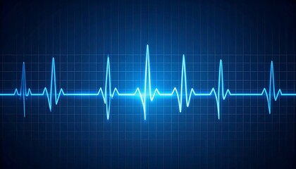 A vibrant blue digital illustration depicts an electrocardiogram waveform on a subtle grid background, suggesting vital signs
