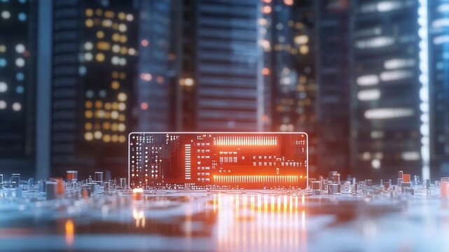 Technological Nexus: An intricate circuit board, illuminated with vibrant hues, stands as the core of technological innovation, set against the backdrop of a futuristic cityscape.
