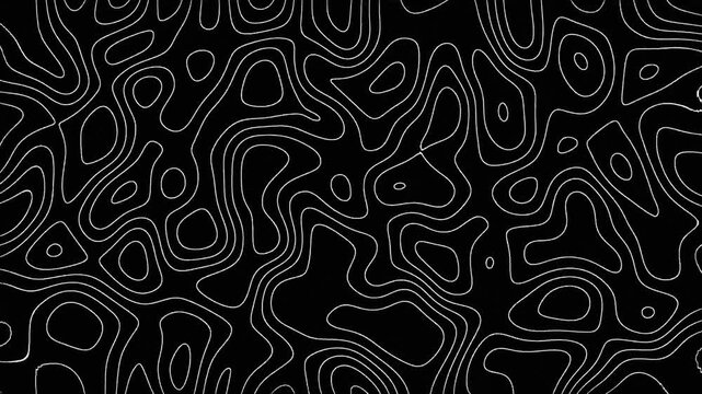 Abstract topographic contour lines creating a dynamic flowing pattern on a dark background representing geographical elevation and terrain in a stylized visual representation