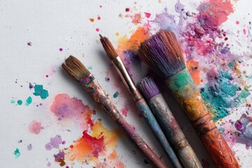 Colorful Flat Lay of Brushes and Watercolor Splashes on Canvas