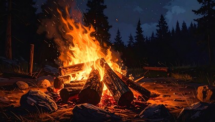 A vibrant bonfire ablaze at night. Firelight illuminates logs, rocks, and surrounding forest. A peaceful, warm scene