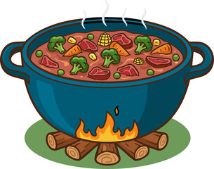 Vector illustration of food cooked in a cast iron pot over a wood fire.