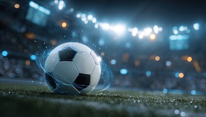 Soccer ball on green grass field in a stadium under bright lights, digital effects