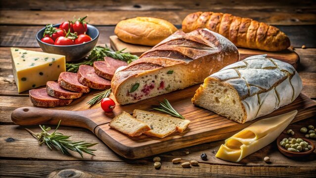 A crusty French bread loaf placed artfully on a distressed wooden cutting board surrounded by an assortment of artisanal cheeses and cured meats, gourmet, foodie