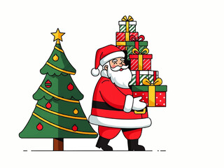 Santa Claus carrying a stack of wrapped Christmas gifts next to a decorated Christmas tree with a star on top.