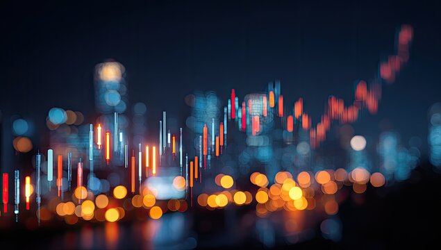 Abstract financial candlestick chart over blurred night city lights, representing market growth