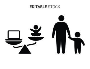 Beautiful silhouette vector of father and child standing next to a balance scale with laptop and baby