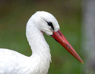 White stork portrait showcasing its long red beak and detailed feathering against a blurred green backdrop
