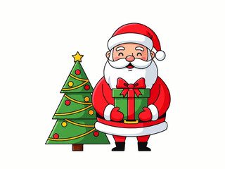 Cartoon illustration of Santa Claus holding a green gift box, standing next to a decorated Christmas tree with a yellow star on top.