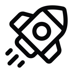 Thin line rocket in upward motion, ideal for startup themes, progress visuals, science, innovation, and growth.