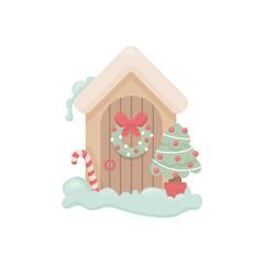 Hand-drawn cozy winter scene with a wooden house, snow-covered roof, festive wreath on the door, candy cane, and decorated Christmas tree in a pot. Soft pastel palette, perfect for seasonal clipart