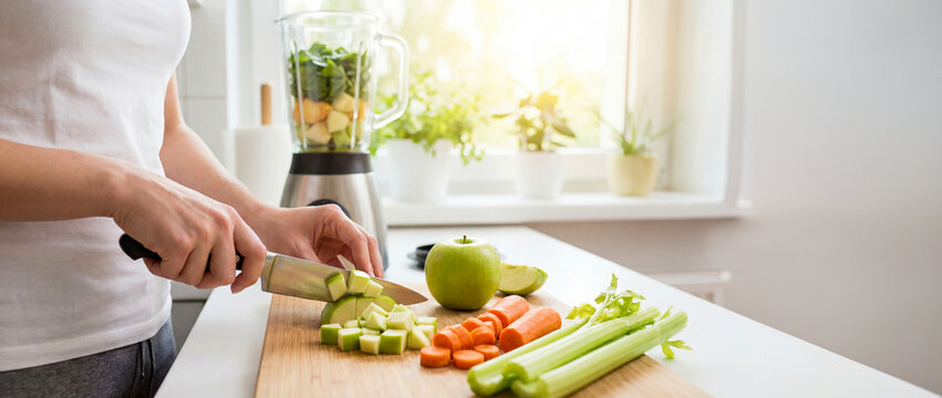Preparing fresh vegetable ingredients for a healthy smoothie in a bright kitchen filled with sunlight and vibrant plants during morning hours