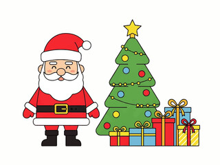 Cartoon illustration of Santa Claus standing next to a decorated Christmas tree with presents underneath.