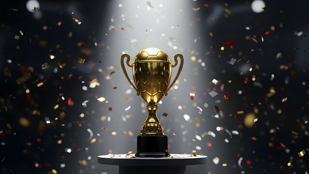 Golden trophy award with falling confetti for champion achievement and winning