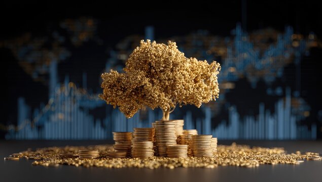 Golden tree growing from coin stacks, finance graphs on dark map background, wealth concept