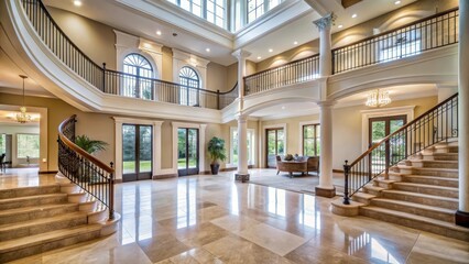 Obraz premium A grand hallway with a sweeping staircase and high ceilings, leading to a vast open-plan living area with large windows allowing plenty of natural light , open plan, natural light