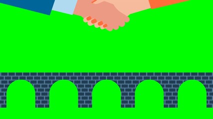 Conclusion of contract. Handshake man, woman on bridge. Hand shaking meeting agreement. Handshake of business people partners businessman and businesswoman. 2d flat animation. Alpha channel