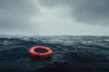 Red Lifebuoy on Stormy Ocean Water Under Overcast Sky