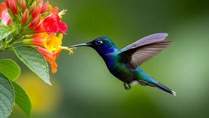 Iridescent Hummingbird Hovering to Sip Nectar from a Tropical Flower