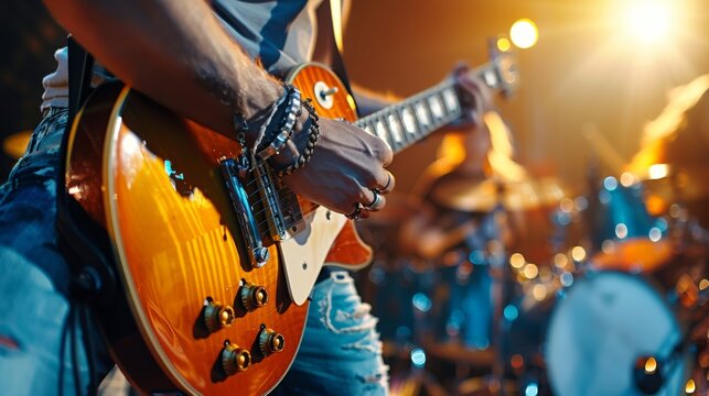 Dynamic rock band performance on stage featuring guitarist, bass guitarist, and drummer up close