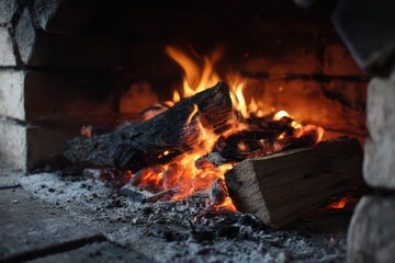 Wood Burning Inside a Traditional Brick Stove Fireplace